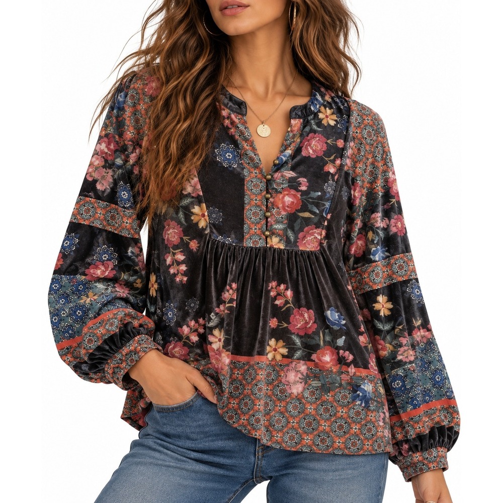 Farmers Market Floral Velvet Blouse Medium Boho Balloon Henley Boho Romantic